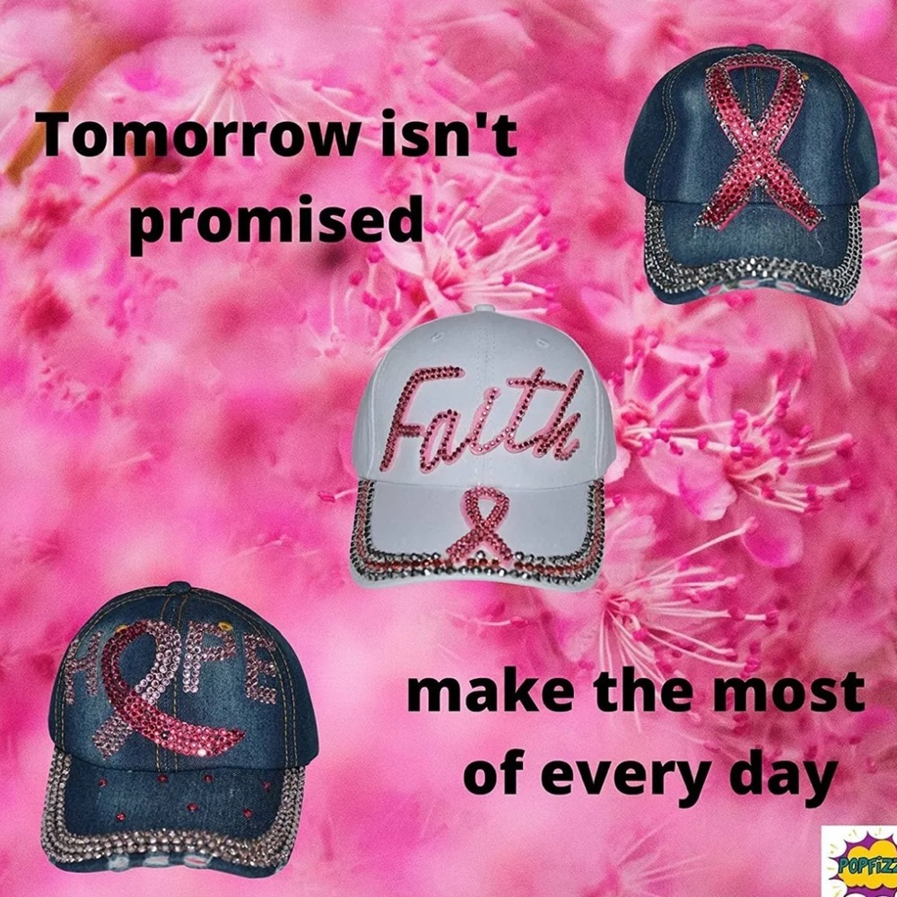 NWT Distressed Denim w/Pink Bling HOPE Breast Cancer Awareness Ribbon Cap Hat - Picture 6 of 6